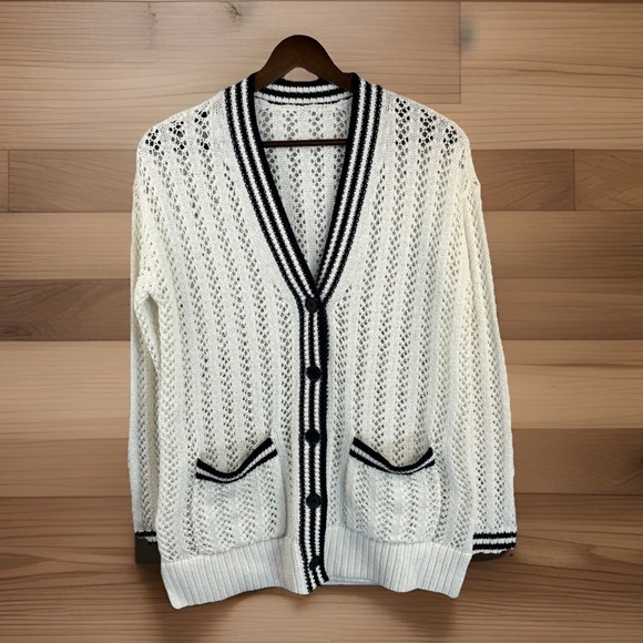 Pointelle Sweaters - Preppy Tennis Cardigan L Loose Knit Sweater Pockets White Black V-Neck Pointelle